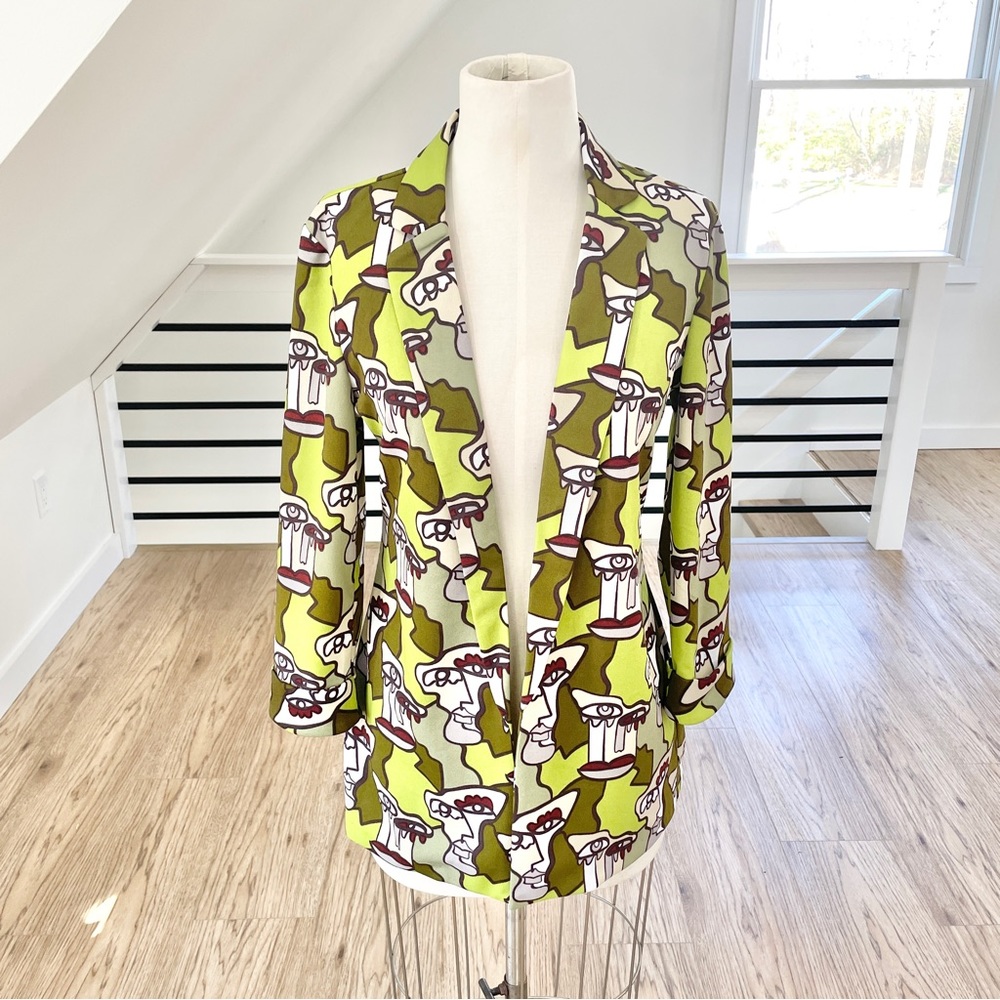 NEW! Medium light and dark camp green abstract faces blazer